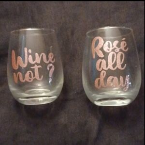 4/$80 Pair of Stemless Wine Glasses - Pink Glittery Slogans